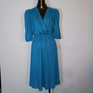 turquoise blue v-neck mandarin collar, jersey wrap dress, vintage 1970s-1980s